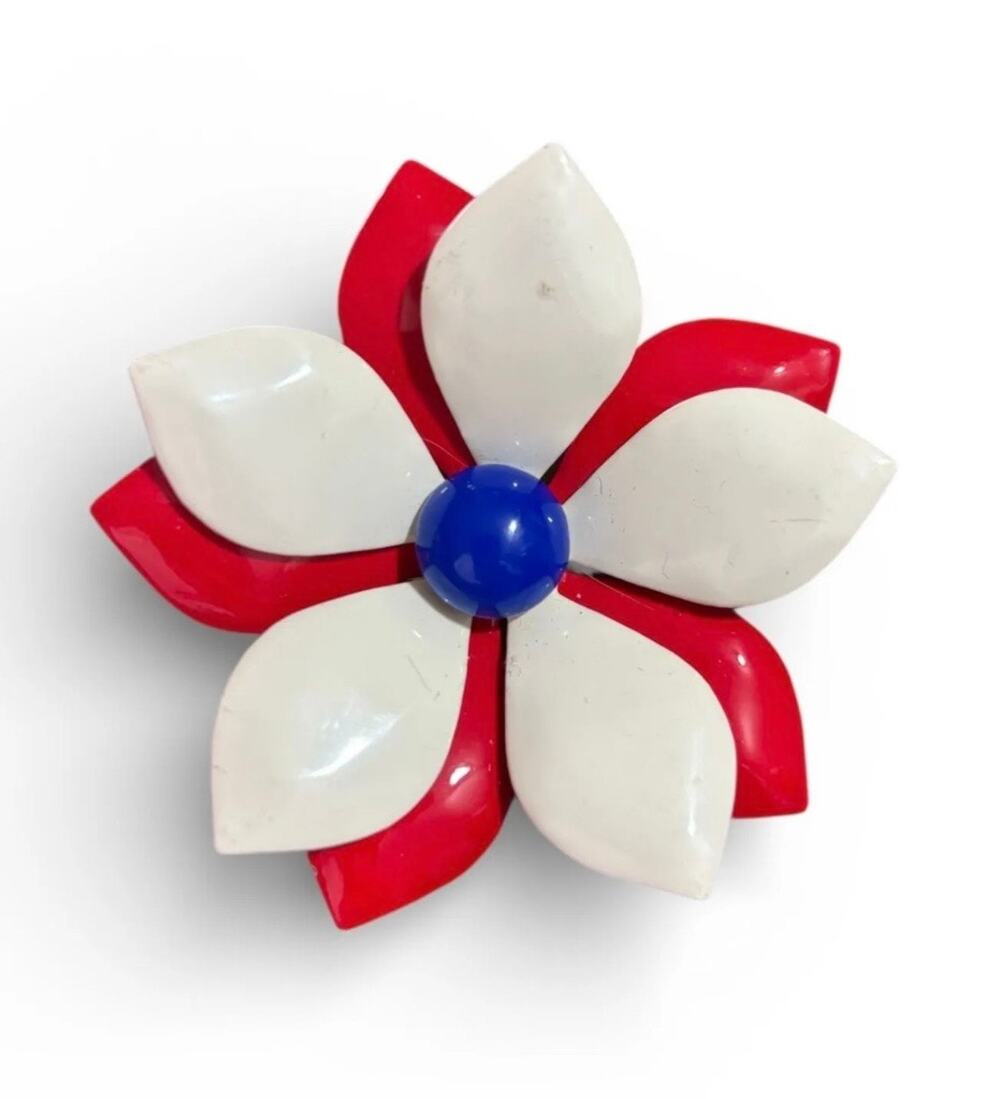 Vintage 1960s Mod Flower Brooch Red White Blue Patriotic Layered Petals Retro